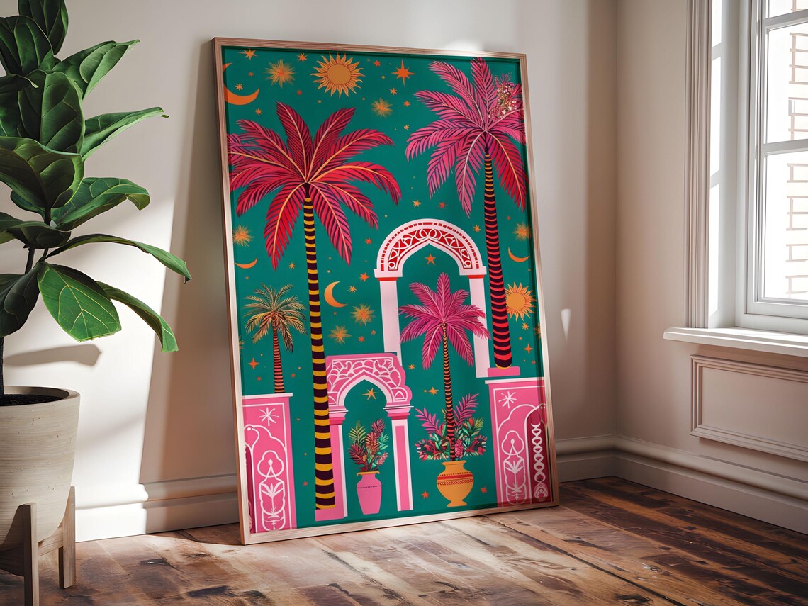 Retro Palms Tropical Art Print, Luxury Pine Wood Frame - Image 3