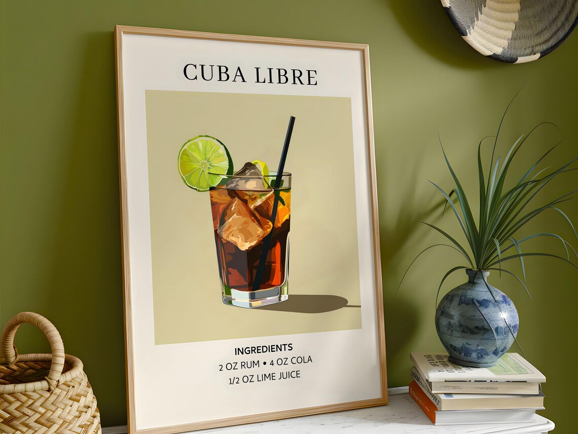 Cuba Libre Cocktail Recipe Illustration With Rum Cola Lime Bar Poster