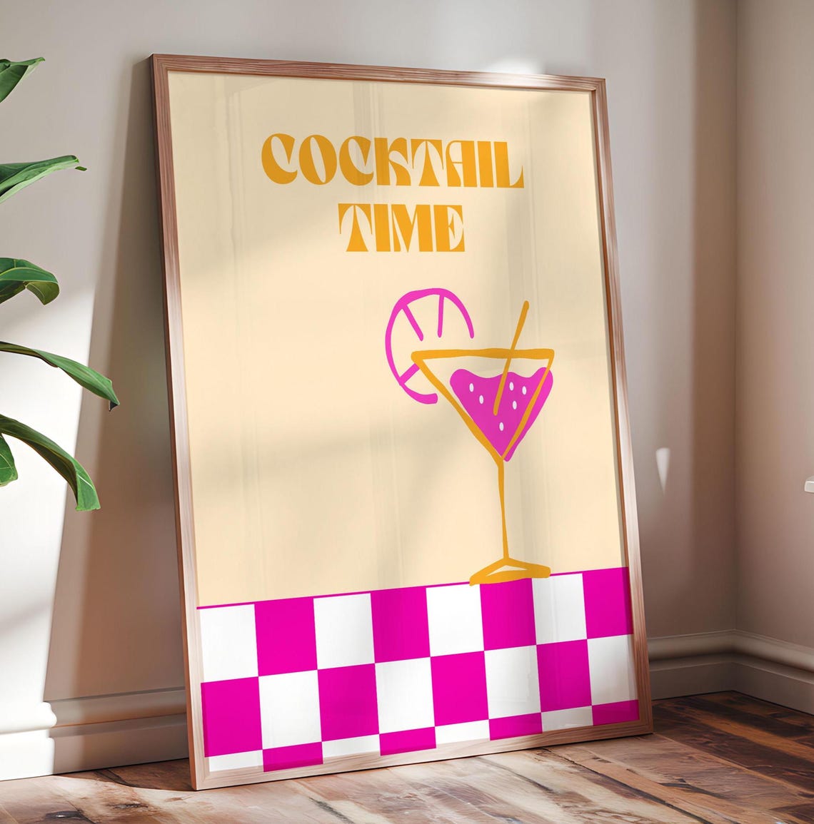 Cocktail Time Retro Pink Martini Checkerboard Fun Bar Wall Art
