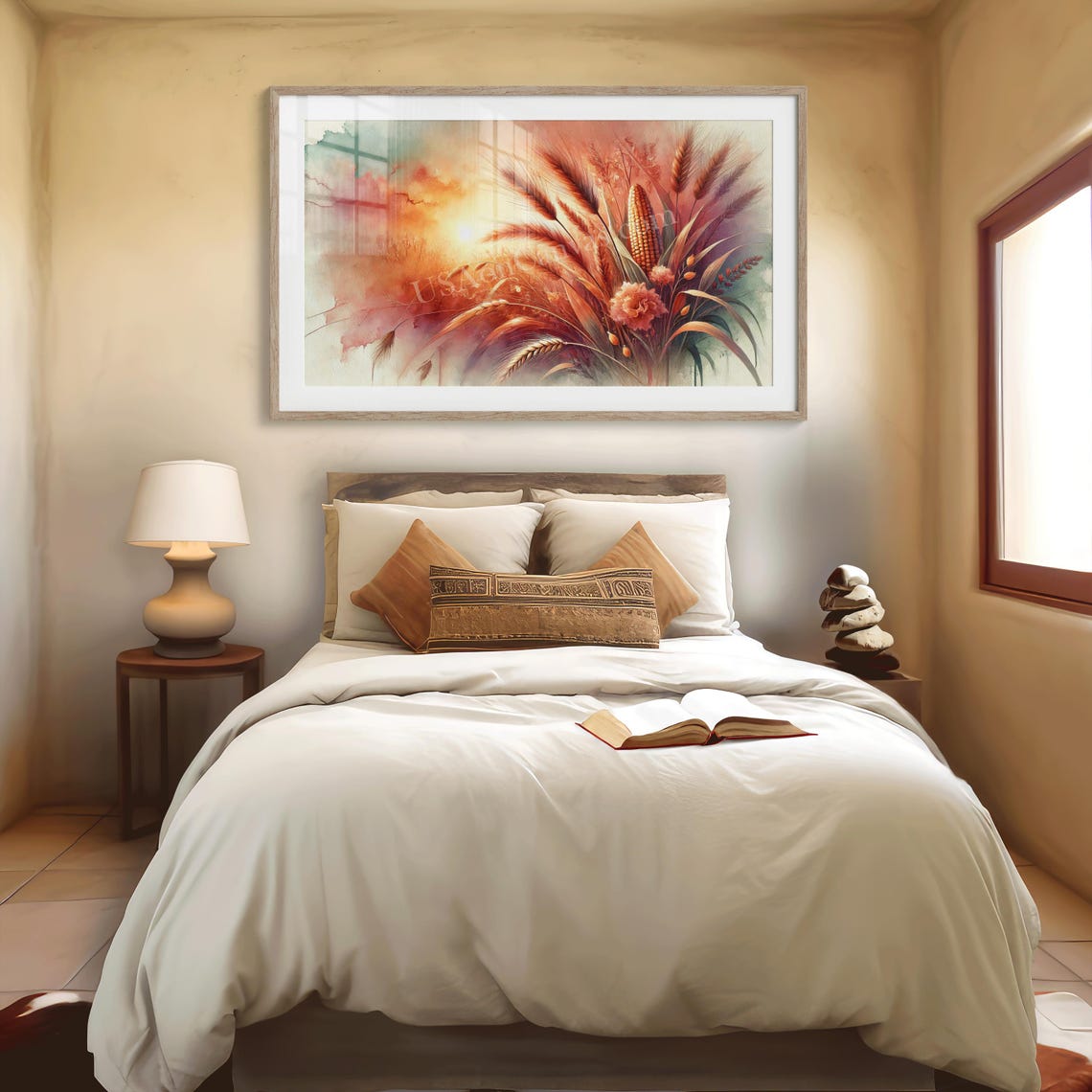 Golden Wheat and Corn Stalks Sunset Harvest Watercolor Poster