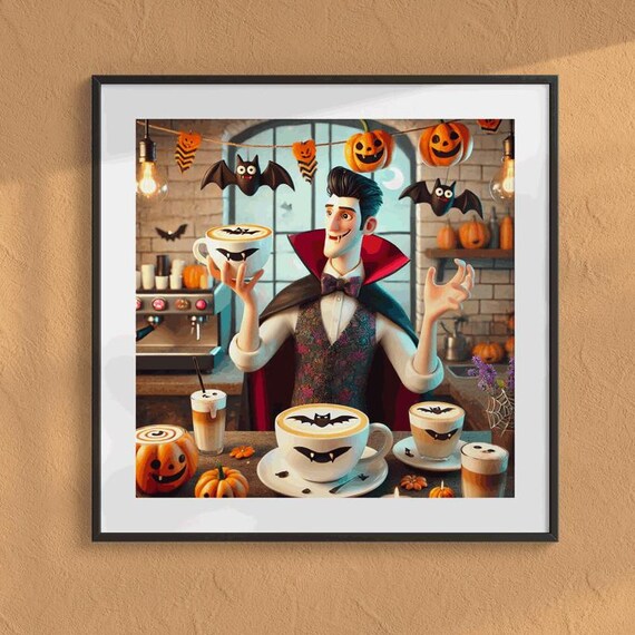Vampire Barista Serving Bat Latte Art in Halloween Coffee Shop Poster