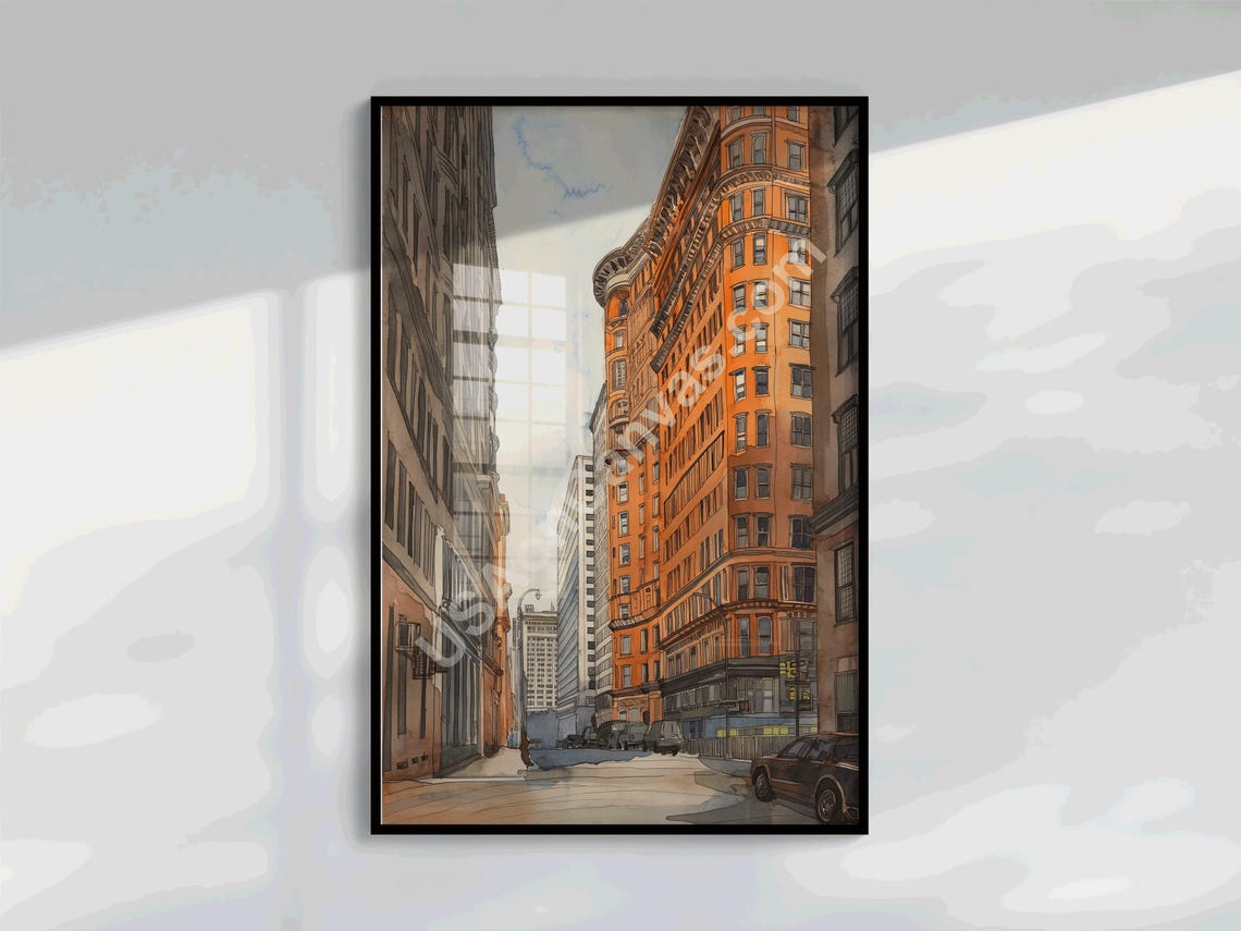 Curved Historic Brick Building Watercolor Street Cityscape Poster