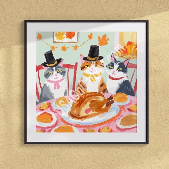 Three Cats in Pilgrim Hats Around a Thanksgiving Turkey Poster