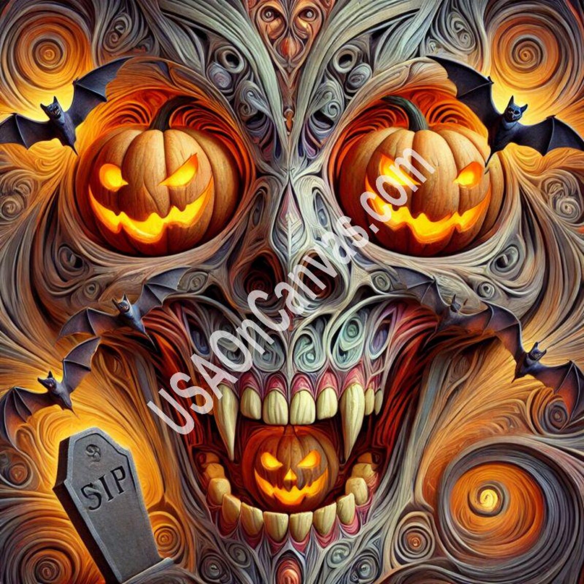 Glowing Jack-O-Lantern Eyed Vampire Face in Swirling Autumn Tones Poster