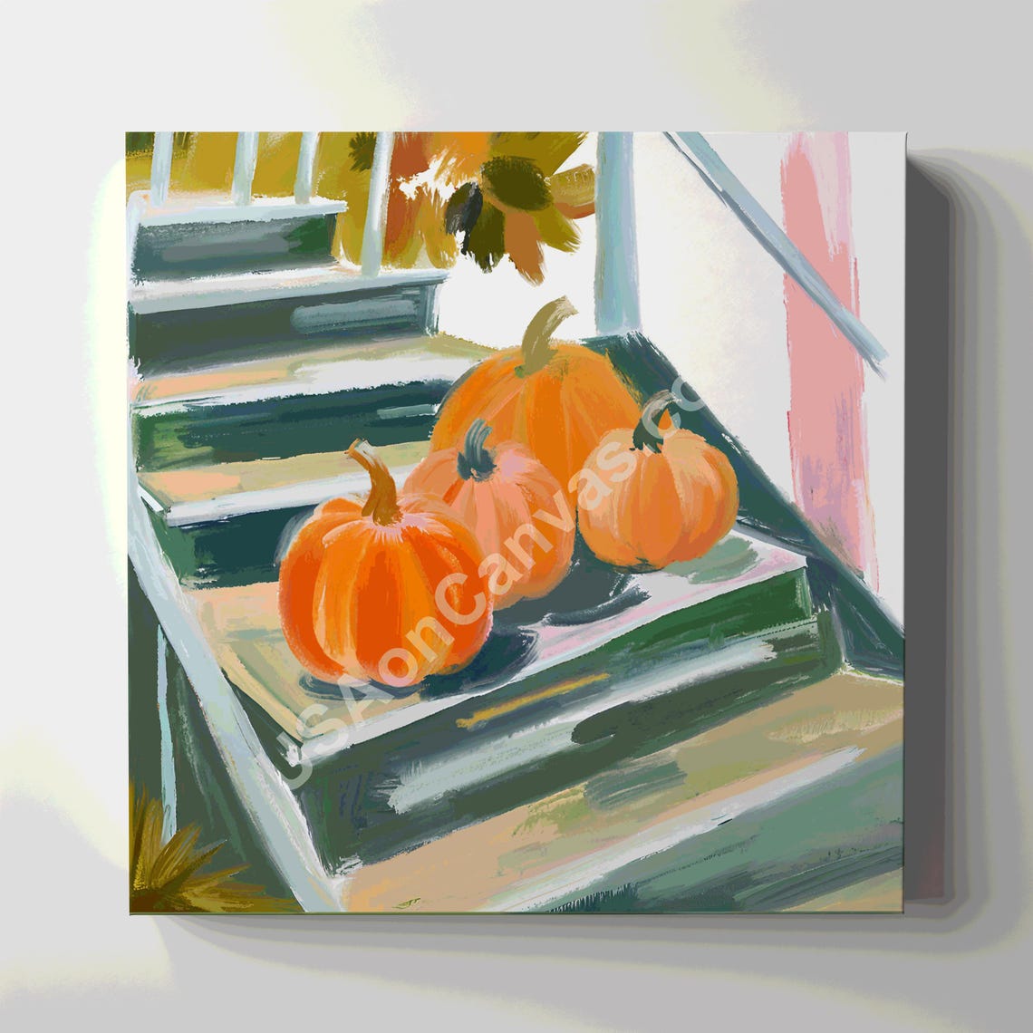Painted Pumpkins On Porch Steps Autumn Home Decor Art Poster