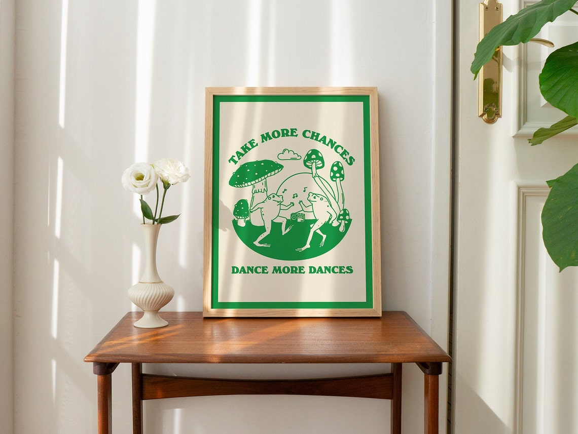 Dancing Frogs Retro Print Print Self Care Wall Art Cute Wall Decor Art Poster Emerald Green - Image 2