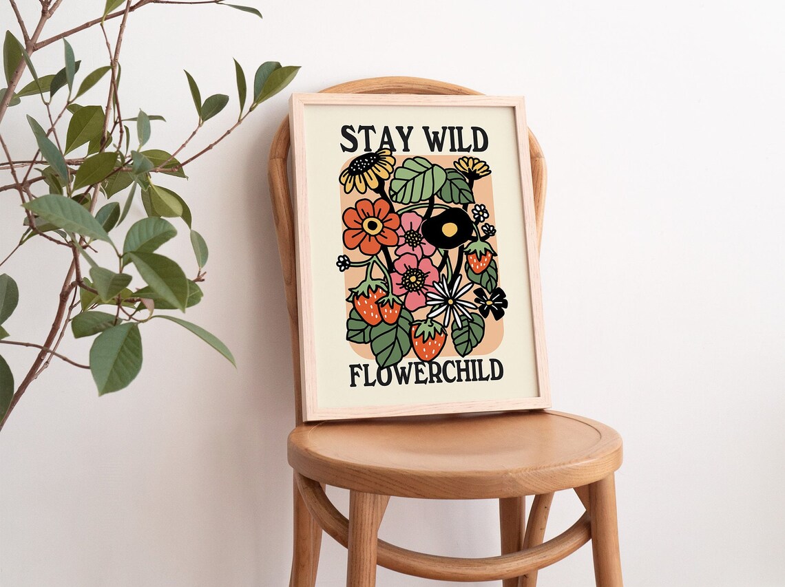 Stay Wild Flowerchild Strawberry Floral Retro Quote Wall Poster - Image 3
