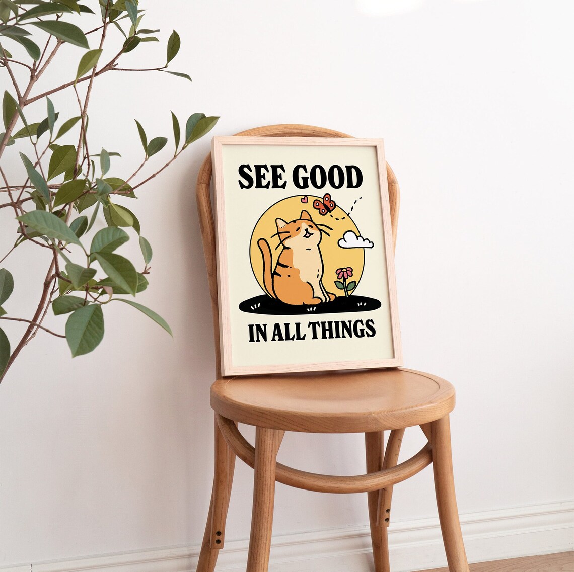 See Good In All Things Smiling Cat Butterfly Sunflower Quote Poster - Image 3
