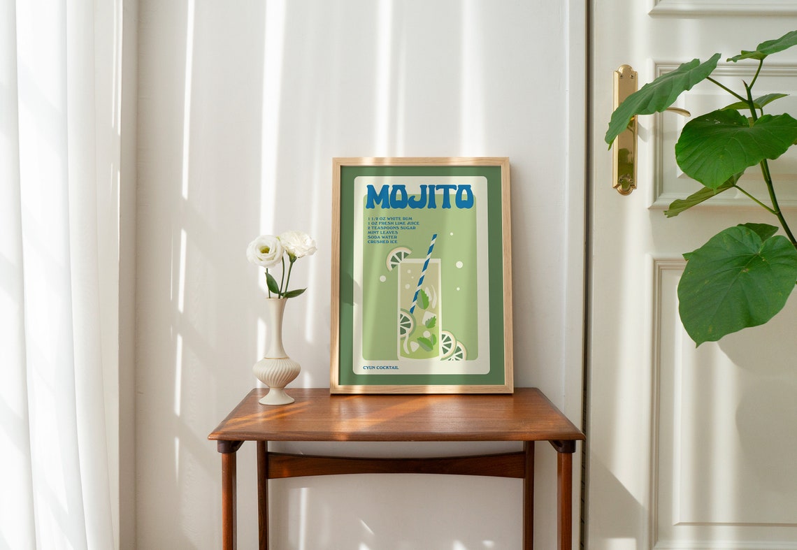 Mojito Cocktail Recipe Retro Green Bar Kitchen Cocktail Poster - Image 2