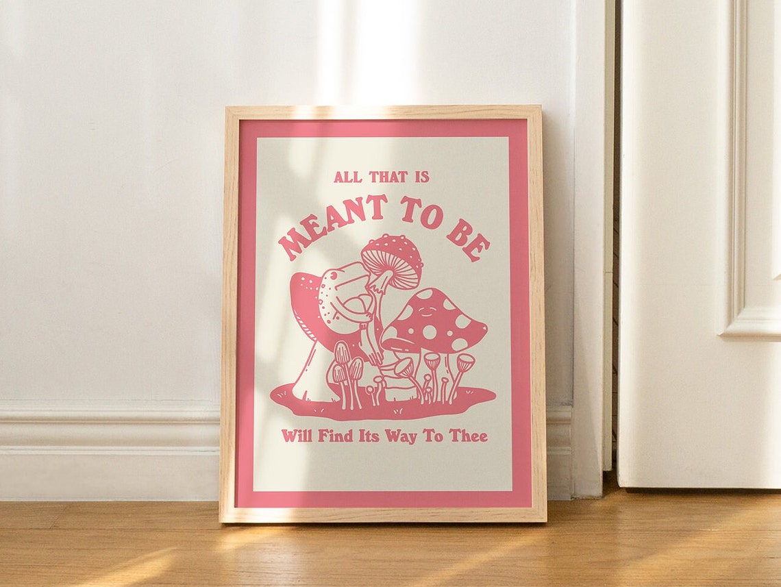 All That Is Meant To Be Frog Hugging Mushroom Pink Retro Poster - Image 3