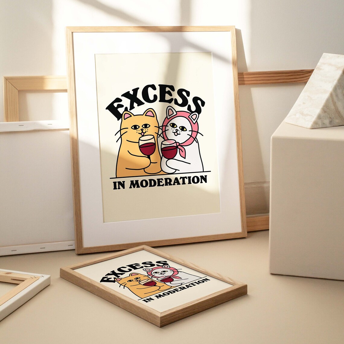 Excess In Moderation Funny Cat Wine Poster Minimalist Kitchen Bar Print - Image 2