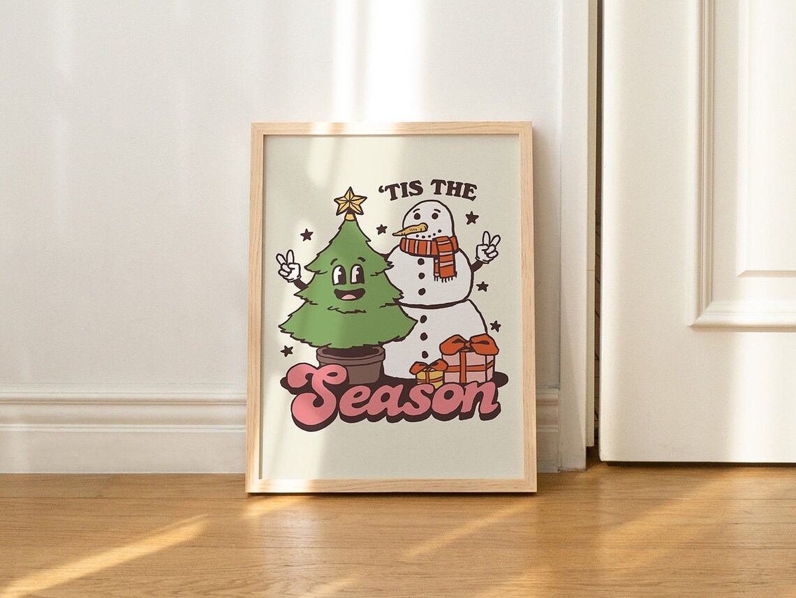 'Tis The Season Groovy Christmas Tree Snowman Gifts Holiday Poster - Image 2
