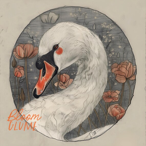 Swan Sketch White Swan Portrait Poppy Flowers Wildlife Art Print