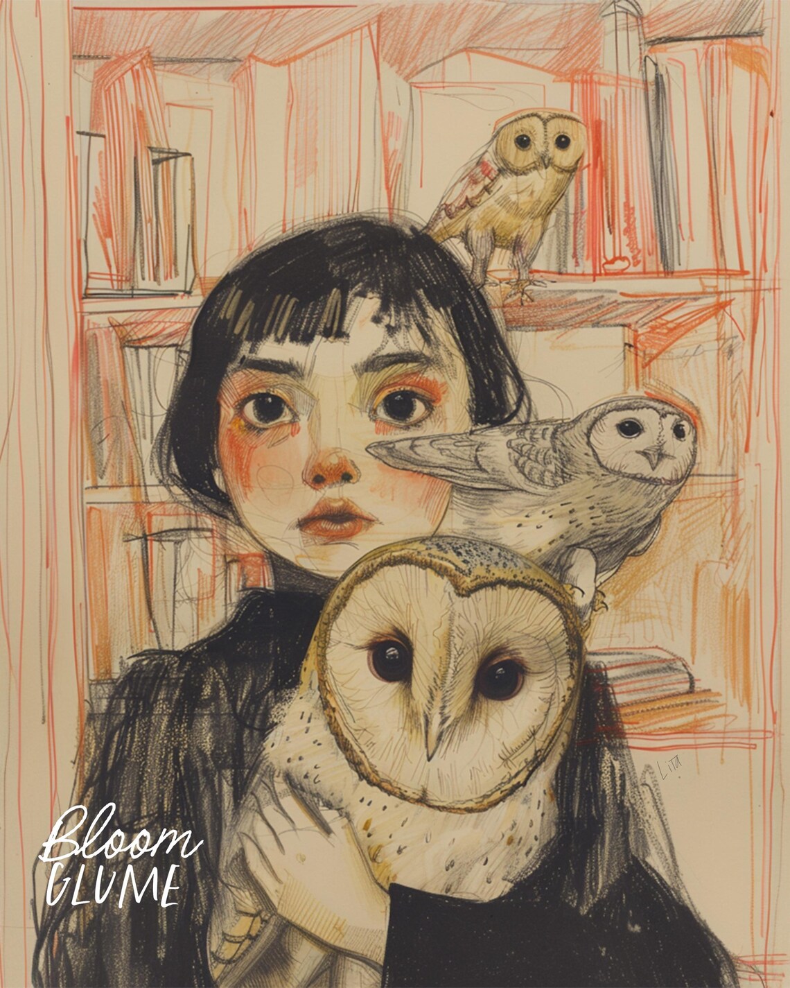 Knowledge Keepers Owl Illustration Print, Cottagecore Line Art