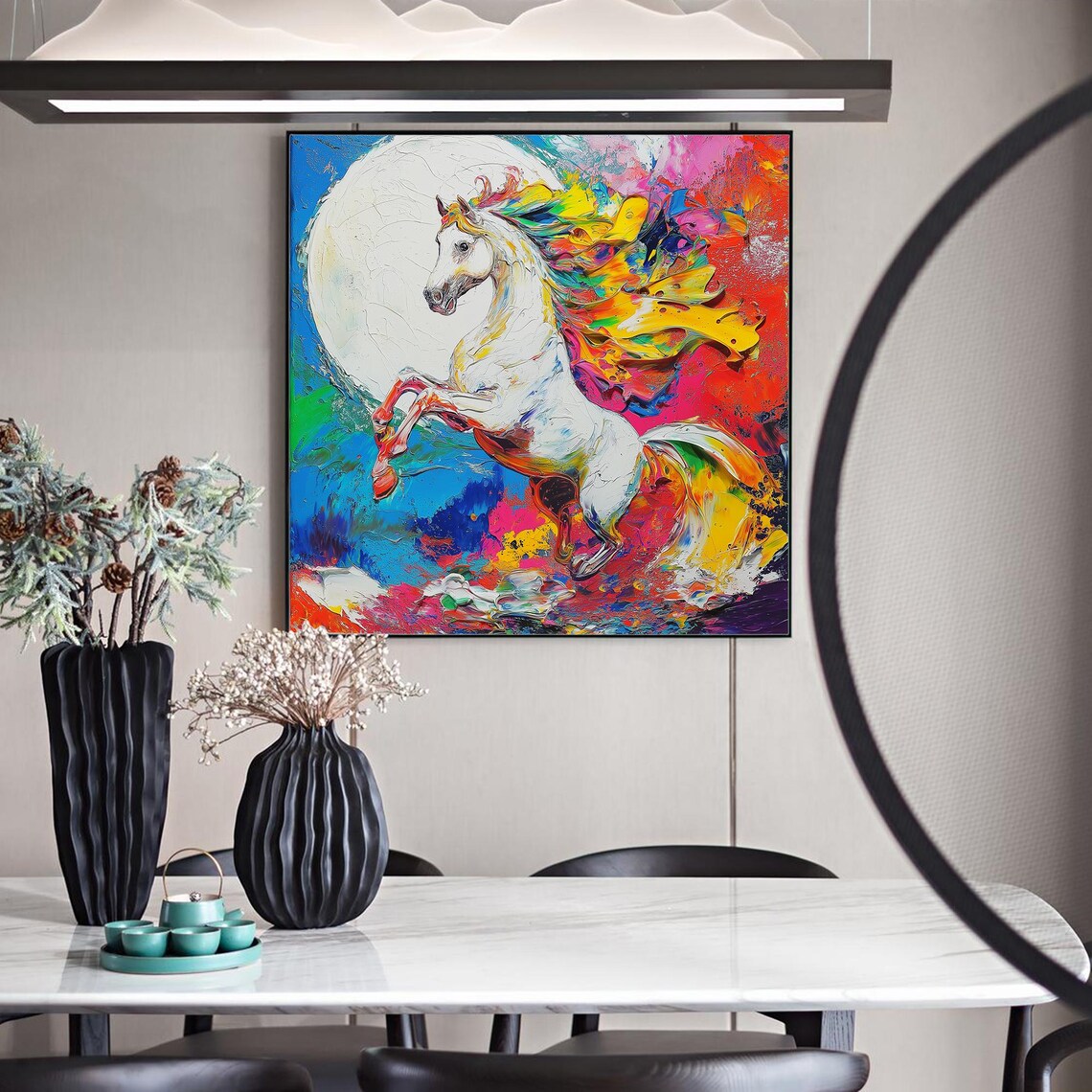 White Horse Rearing Rainbow Colors Impasto Abstract Animal Art Poster - Image 2
