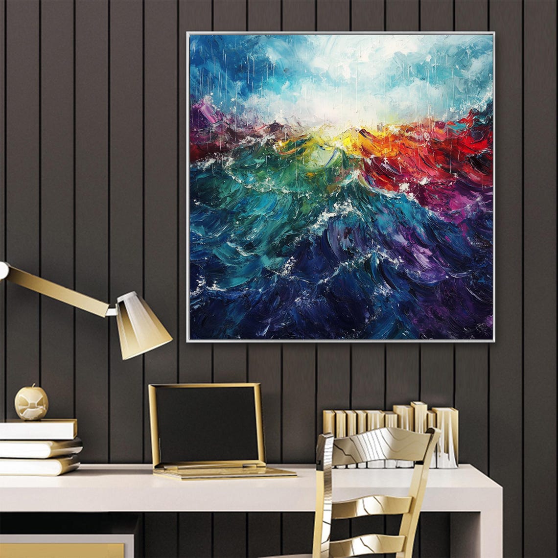 Colorful Rainbow Ocean Waves Abstract Impasto Seascape Art Poster - Image 2
