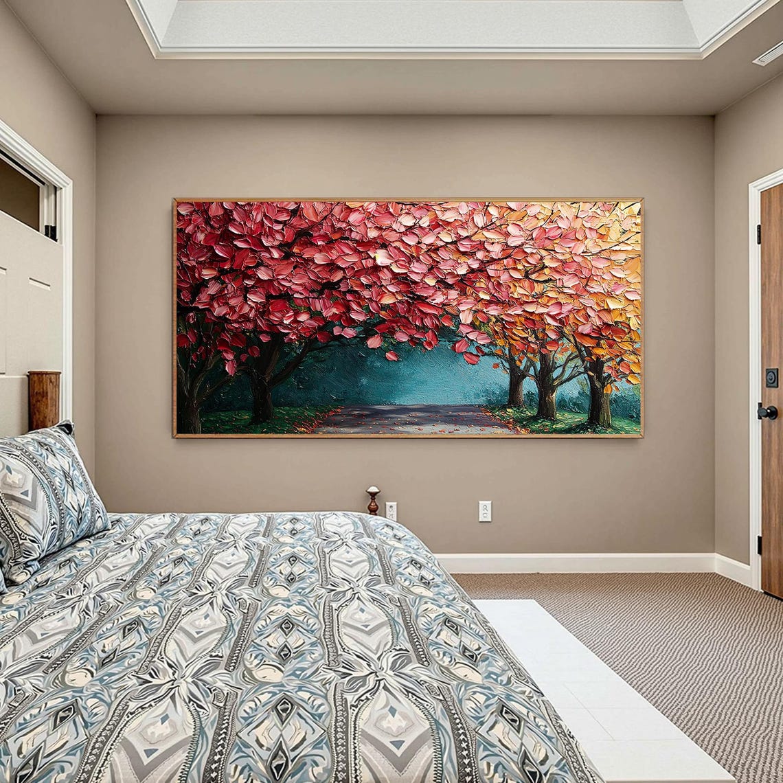 Red Autumn Tree Canopy Path Impasto Fall Landscape Art Poster - Image 2