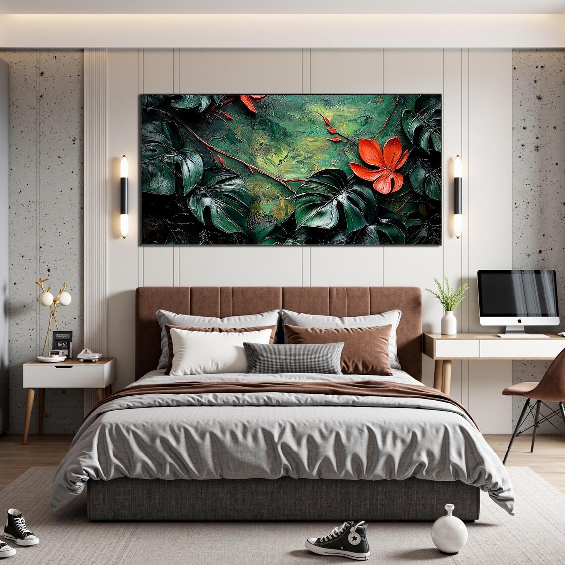 Dark Green Monstera Tropical Leaves Red Flower Impasto Wall Art Poster - Image 2