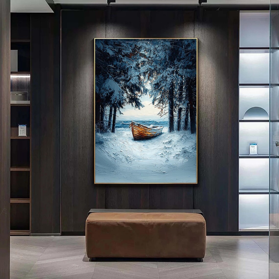 Wooden Boat Snowy Shore Pine Forest Winter Impasto Art Poster - Image 2