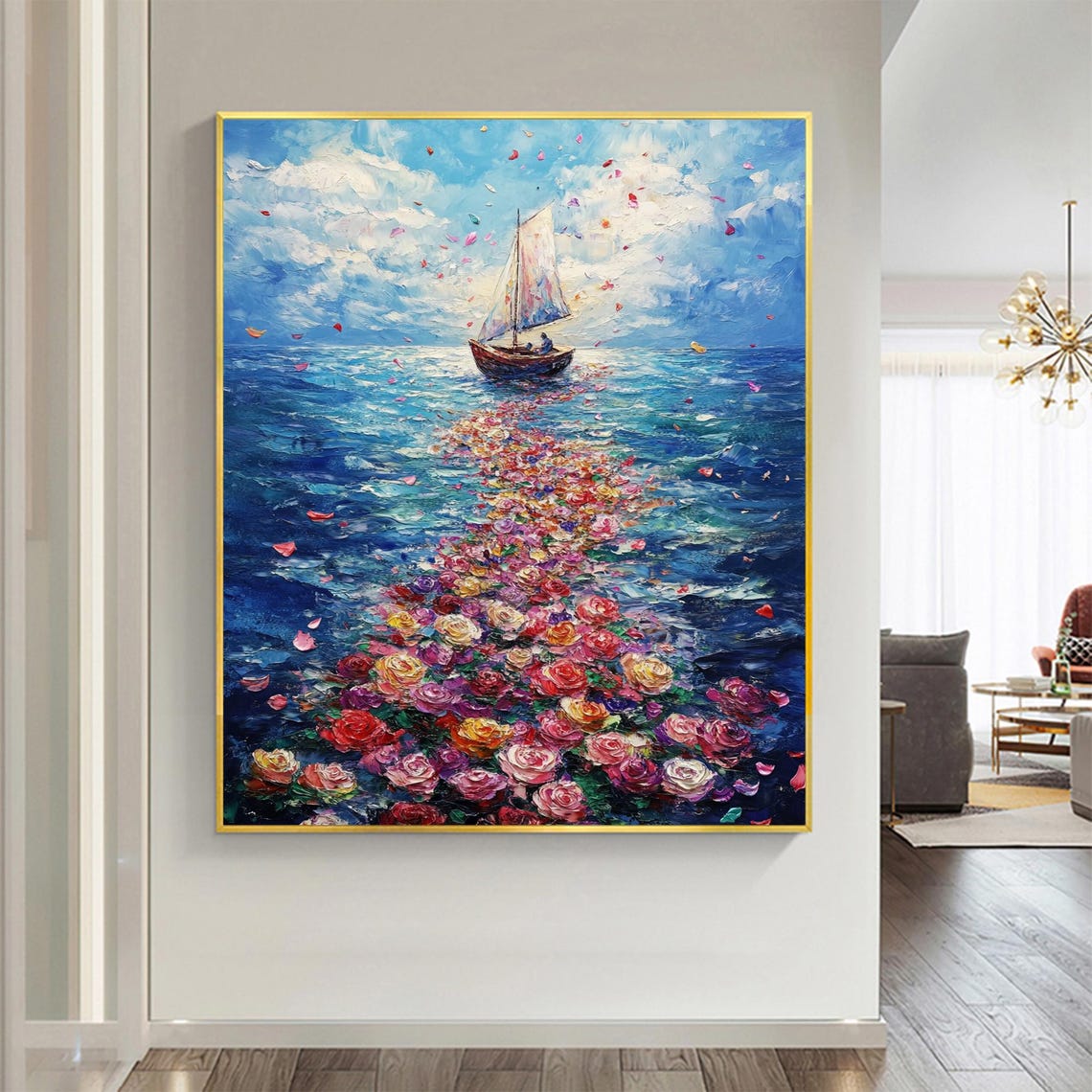 Sailboat Trailing Roses Ocean Impasto Romantic Seascape Art Poster - Image 2