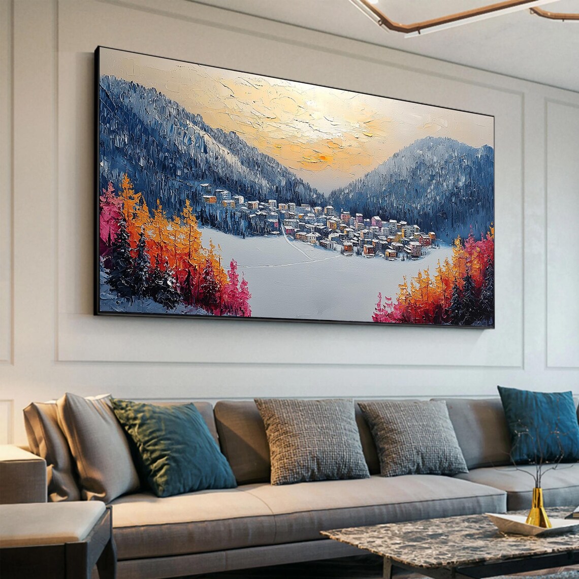 Snowy Mountain Village Golden Larch Sunset Impasto Winter Art Poster - Image 3