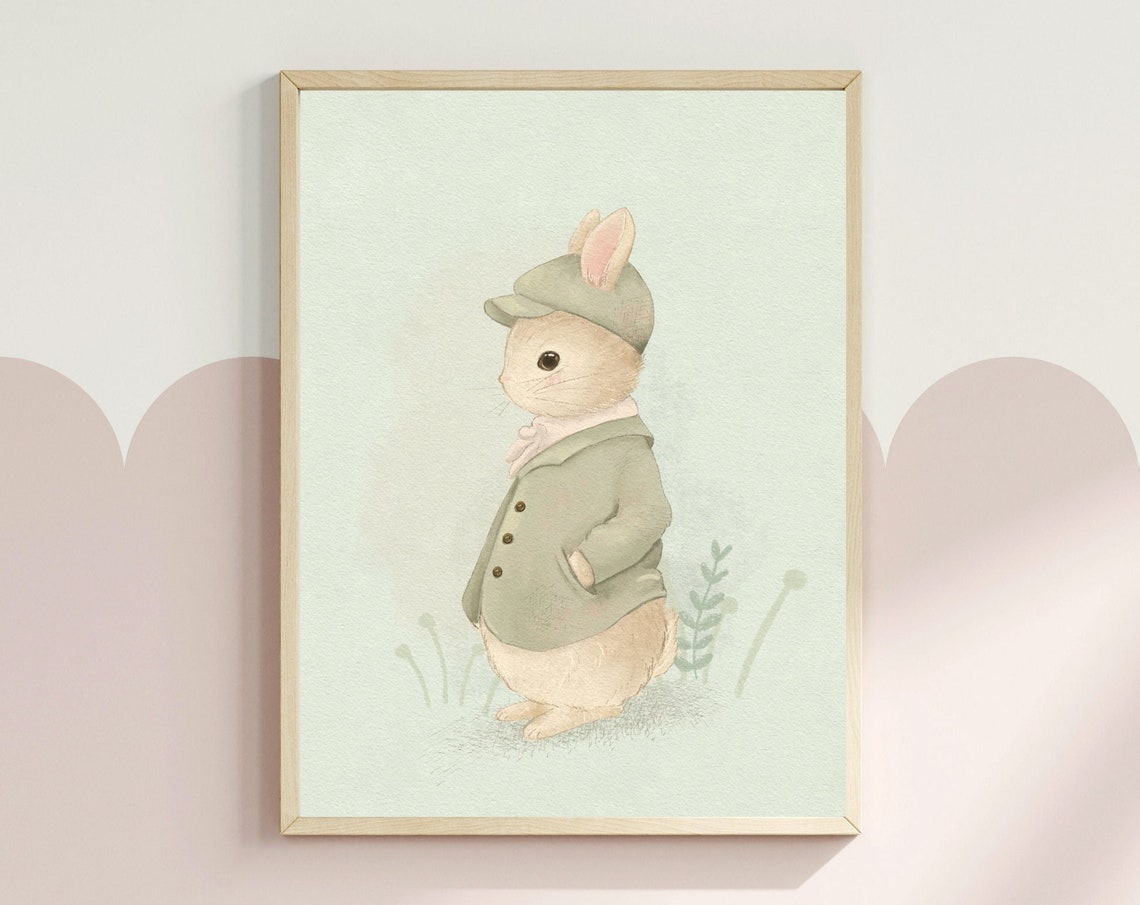 Dapper Bunny Rabbit In Green Jacket And Cap Vintage Style Poster