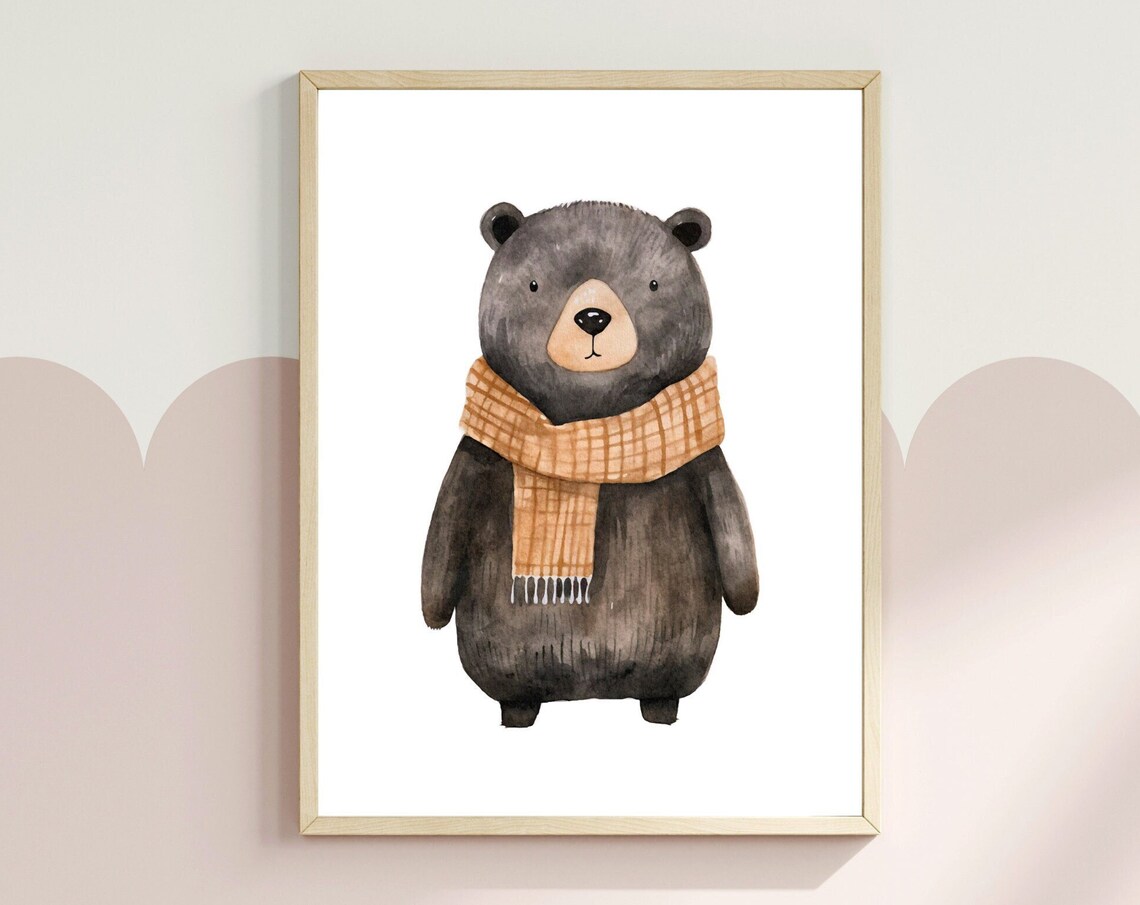 Black Bear Wearing Plaid Scarf Watercolor Winter Nursery Art Poster
