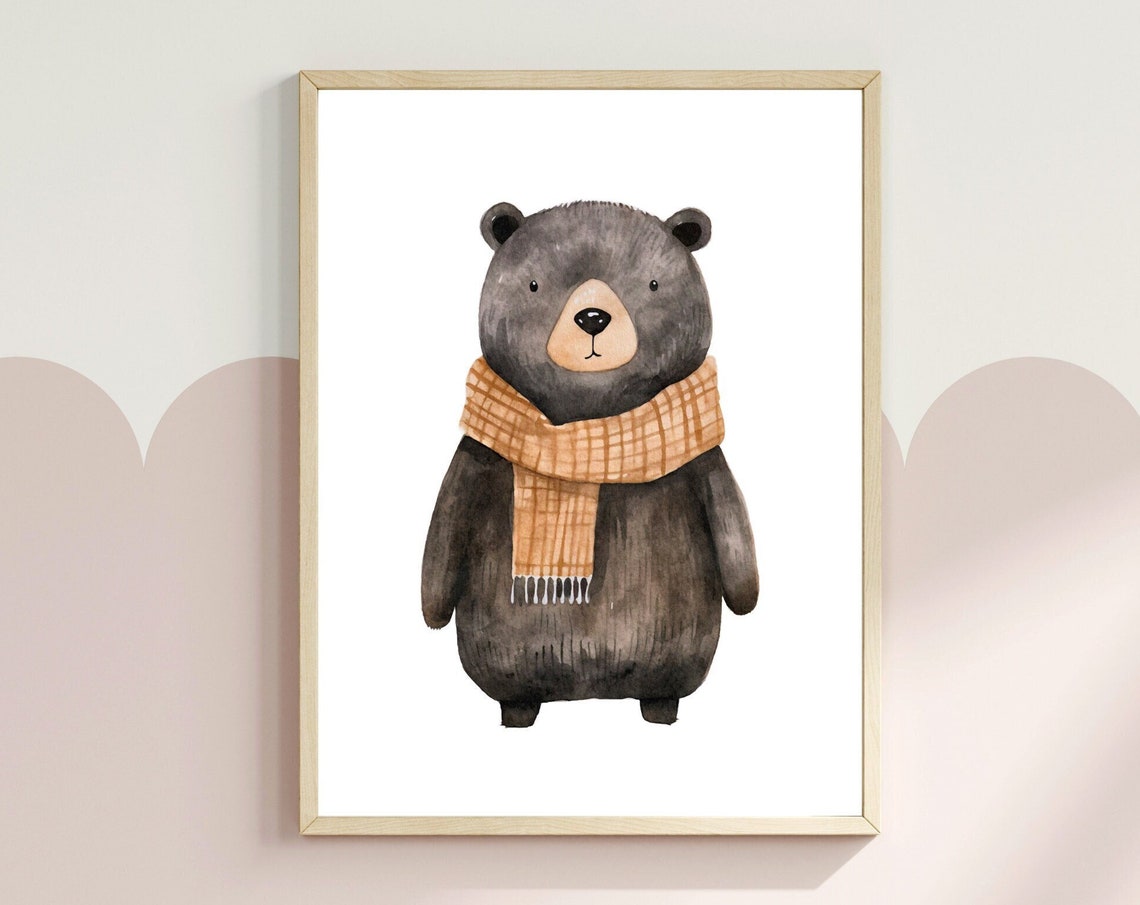 Winter Bear Kids Room Art Woodland Animal Nursery Decor Christmas Holiday Art Watercolour Animal Print Holiday Poster