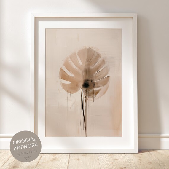 Abstract Monstera Leaf Print Neutral Minimalist Tropical Wall Art Textured Beige Botanical Poster