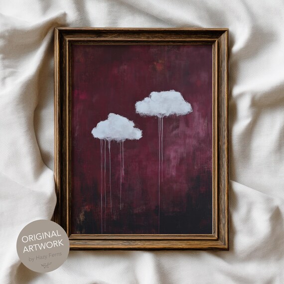 Clouds Gothic Abstract Crimson Print Dark Academia Wall Art Moody Rain Decor