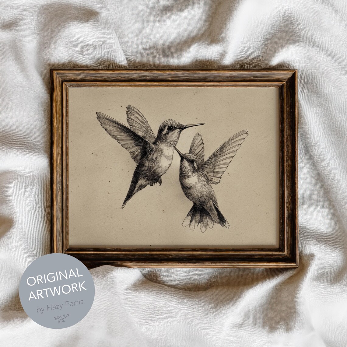 Hummingbird Pair Vintage Pencil Sketch Of Two Birds In Flight Nature Poster