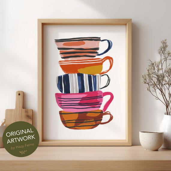 Tea Cups Art Print Colorful Gouache Style Playful Kitchen Wall Poster 37