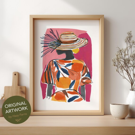 Faceless Woman In Striped Sun Hat Abstract Fashion Portrait Print