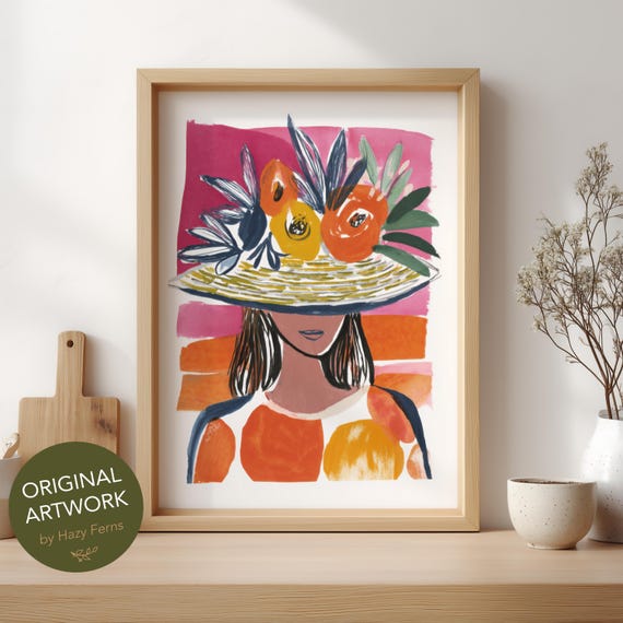 Woman With Flower Hat Print Colorful Gouache Style Bold Fashion Poster 73