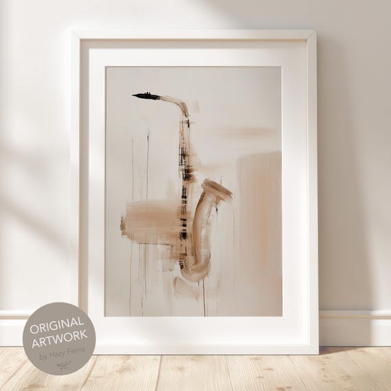 Abstract Saxophone Print Beige Minimalist Jazz Art