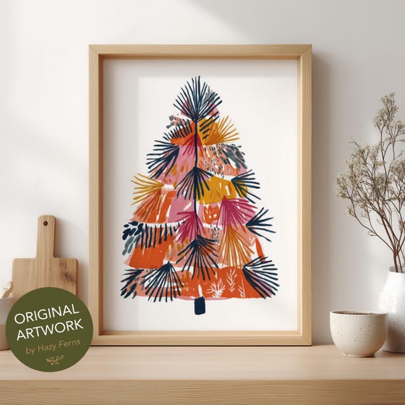 Festive Holiday Tree Art Print Colorful Gouache Style Christmas Decor Wall Poster 6