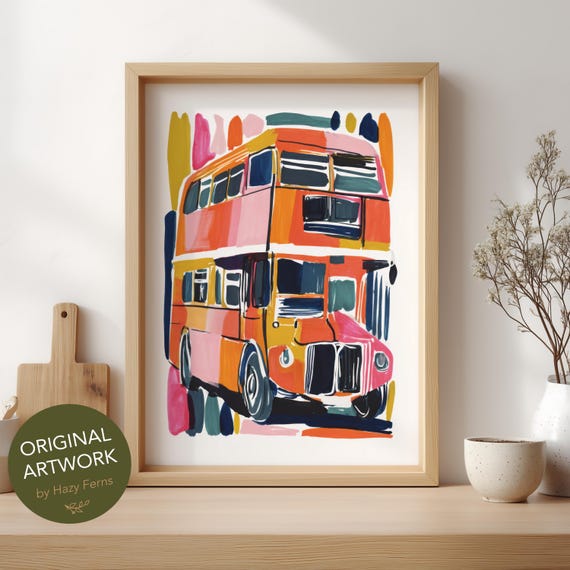 Red English Bus Travel Art Print Abstract Gouache Style Bright Vehicle Wall Poster 59
