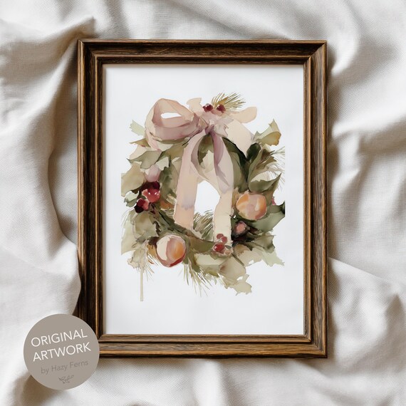 Watercolor Christmas Wreath With Pink Bow Elegant Holiday Art Print