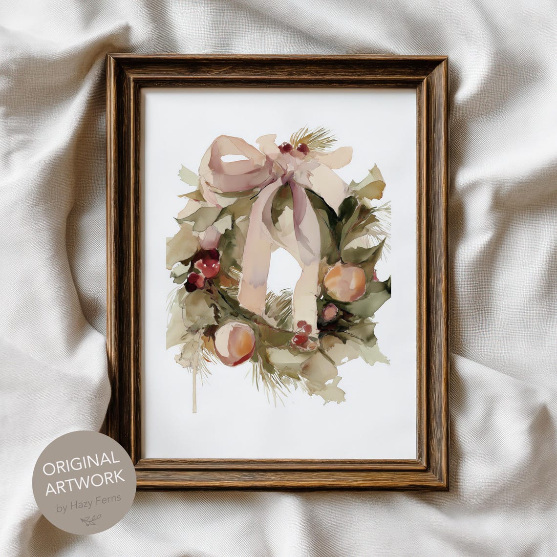 Watercolor Christmas Wreath With Pink Bow Elegant Holiday Art Print
