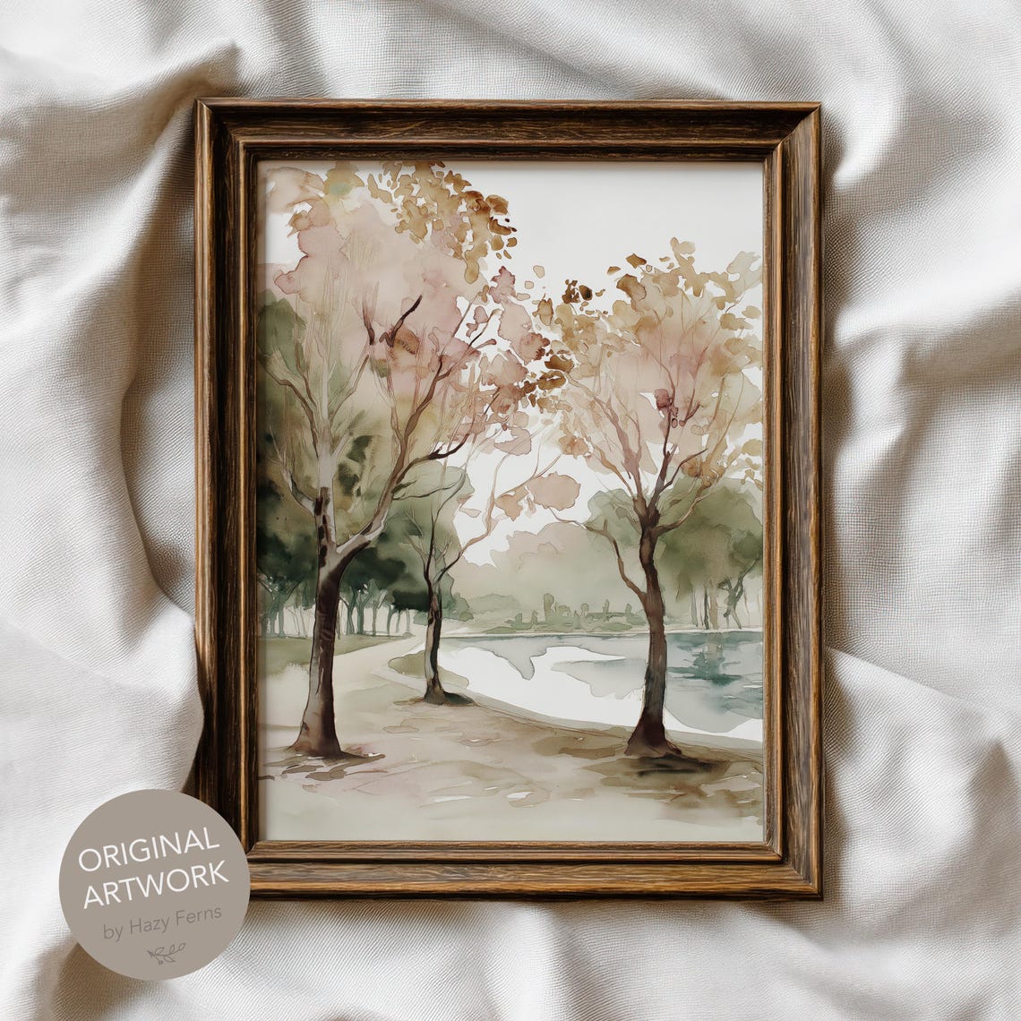 Autumn Park Watercolor Golden Trees Lakeside Muted Landscape Art Print