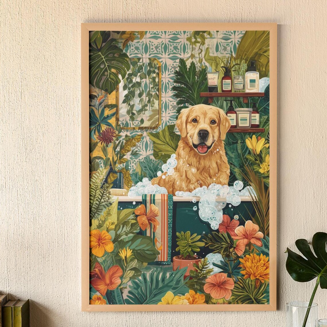 Golden Retriever Tub Poster Dog Washroom Wall Decor Botanical Bubble Bath Print