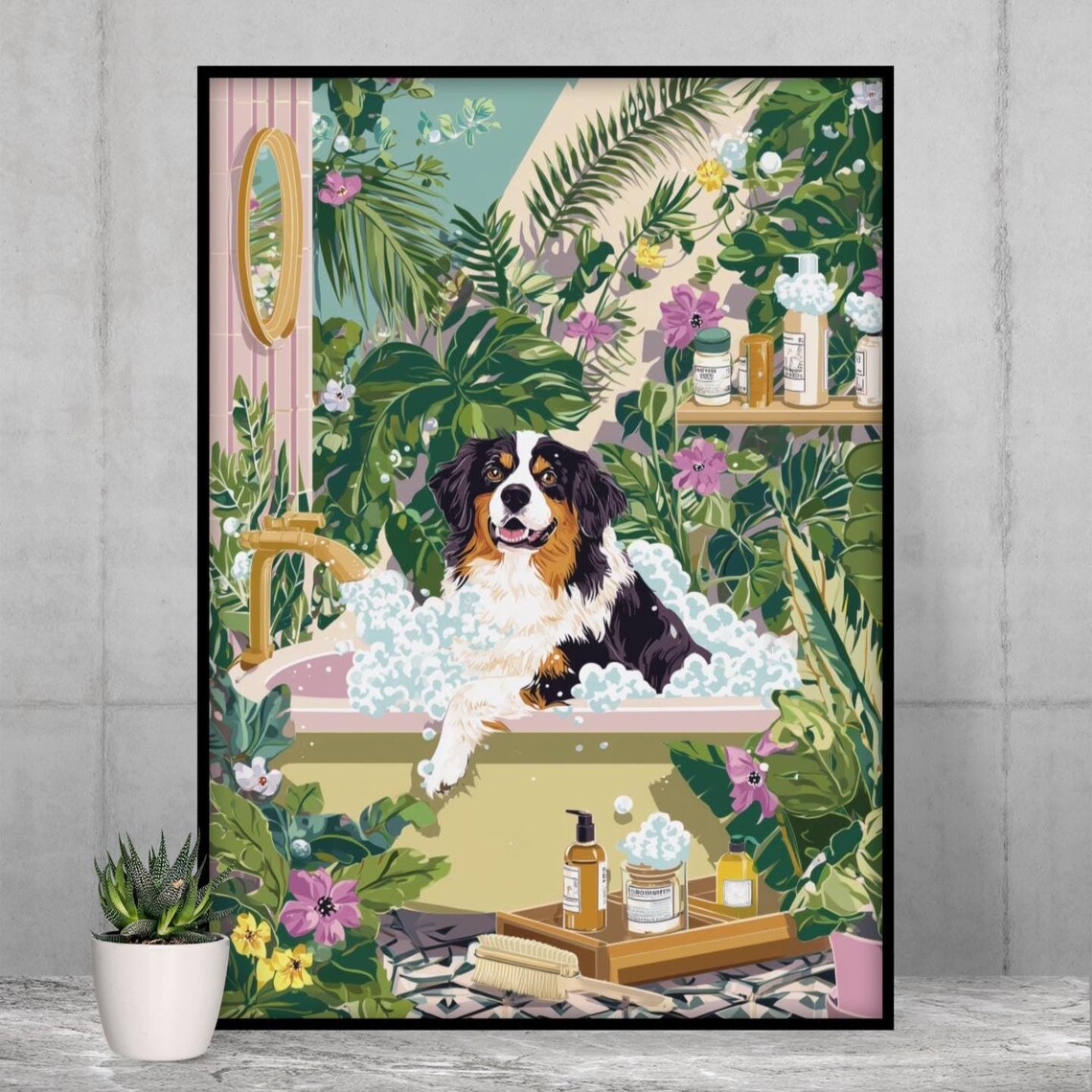 Australian Shepherd Bath Art, Botanical Bathroom Poster
