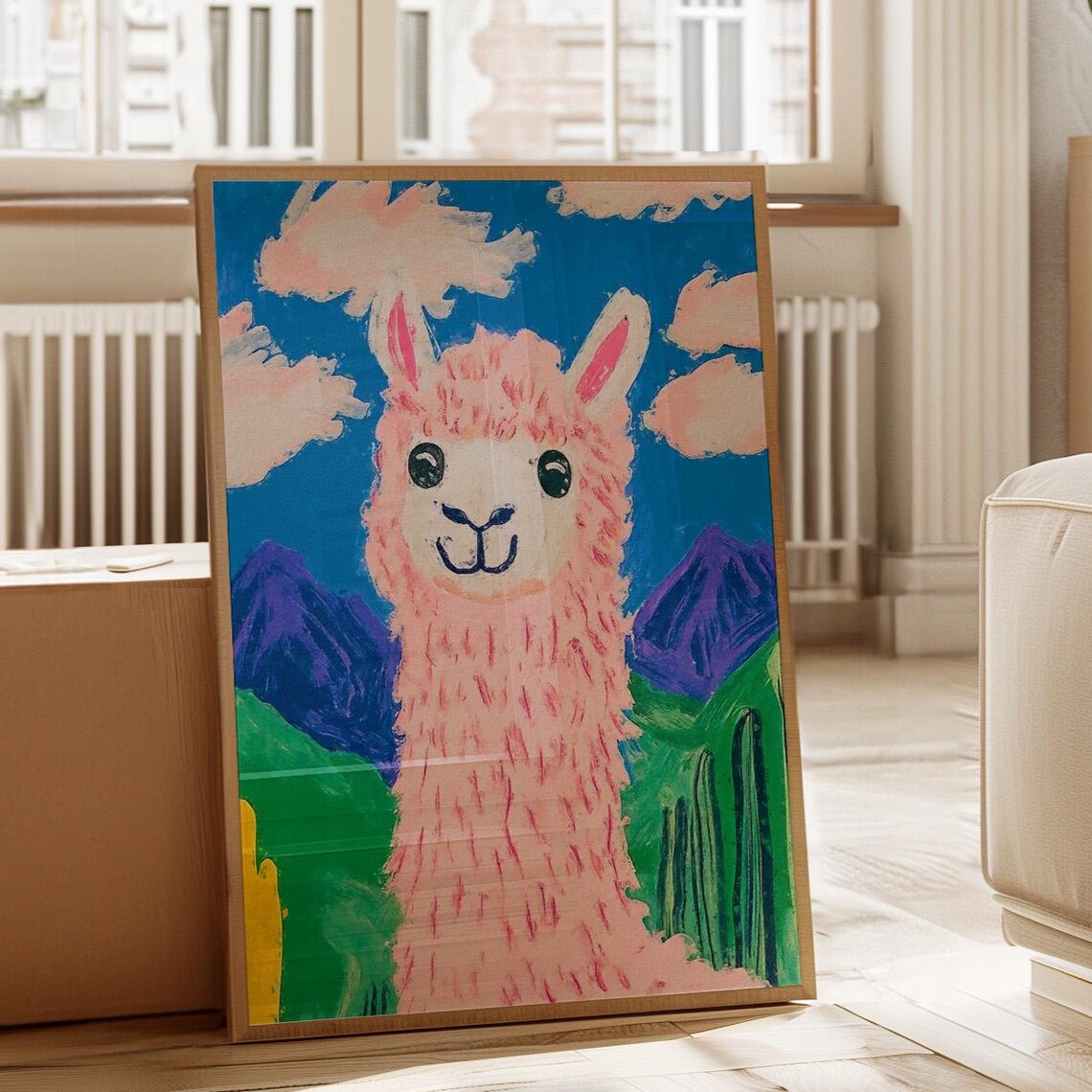 Fluffy Pink Llama Smiling Against Purple Mountains and Clouds Poster