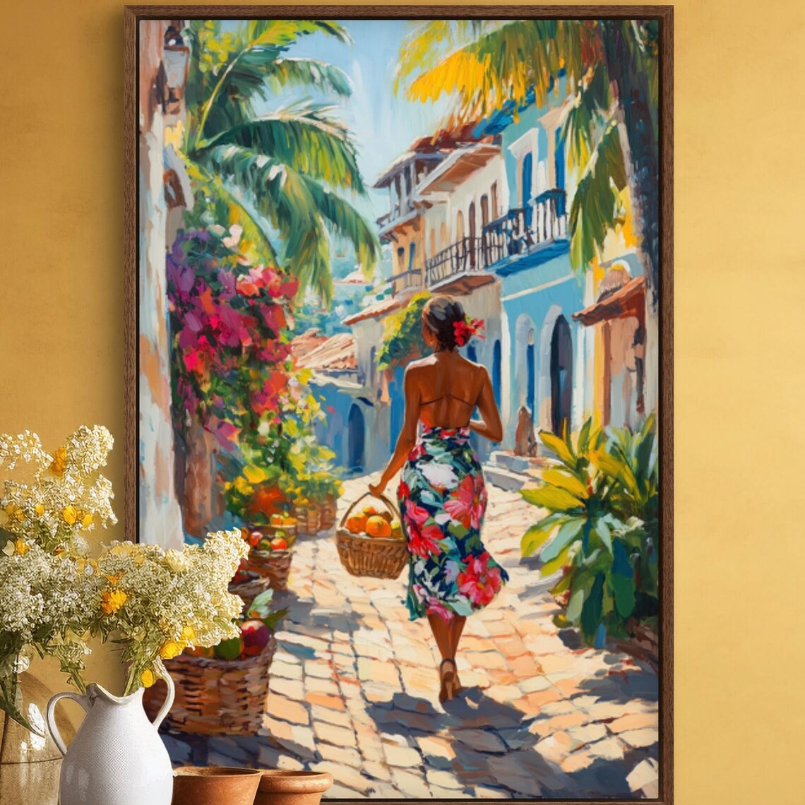 Caribbean Woman Tropical Market Scene Art Print
