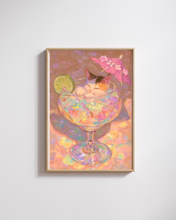Whimsical Cat Cocktail Art Print Cute Black And White Kitten In Glass With Umbrella Pastel Bar Wall Decor