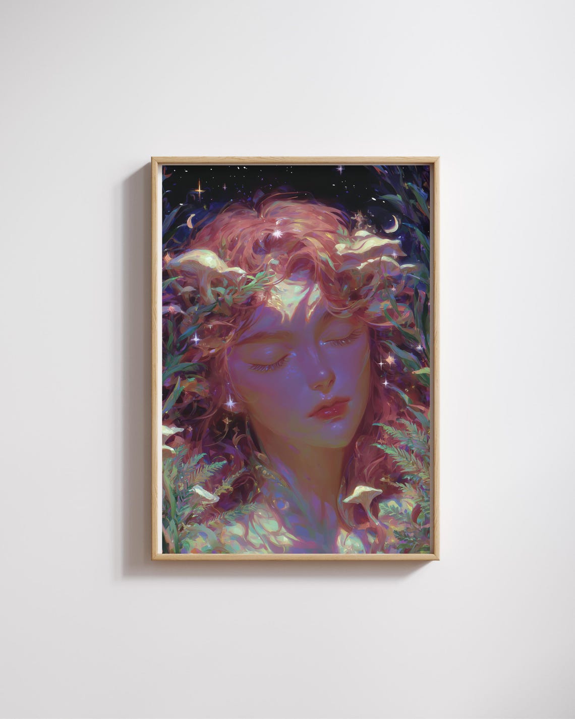 Moonlit Redhead Forest Nymph Mushroom Night Dream Fantasy Wall Print