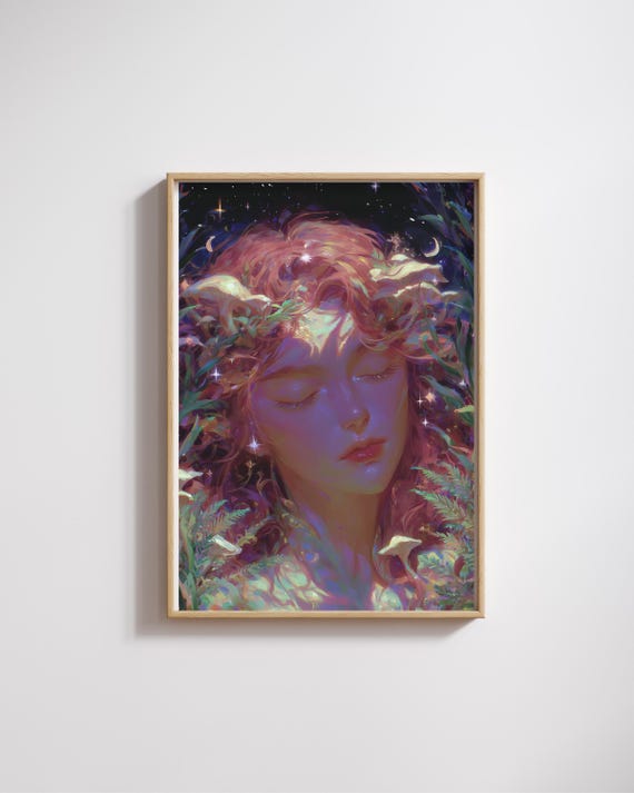 Moonlit Redhead Forest Nymph Mushroom Night Dream Fantasy Wall Print