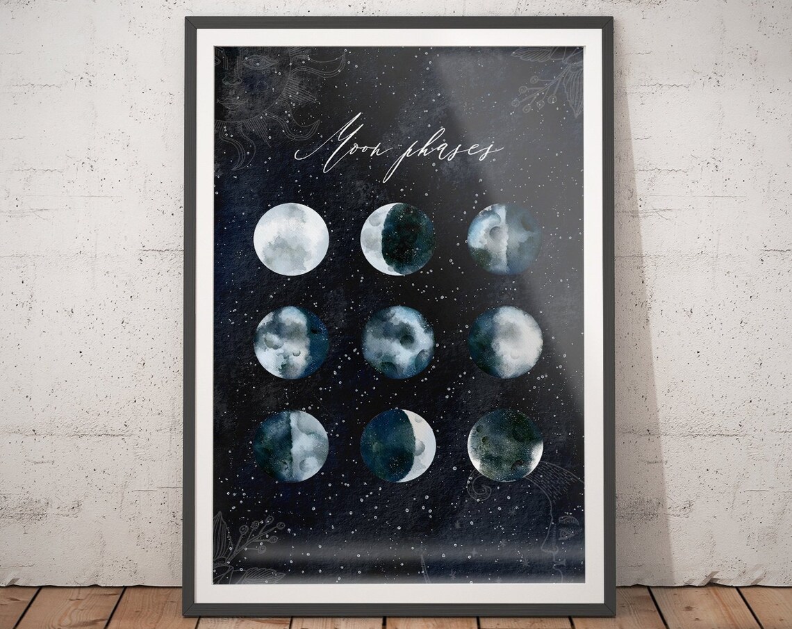 Moon Phases Print, Celestial Watercolor Poster