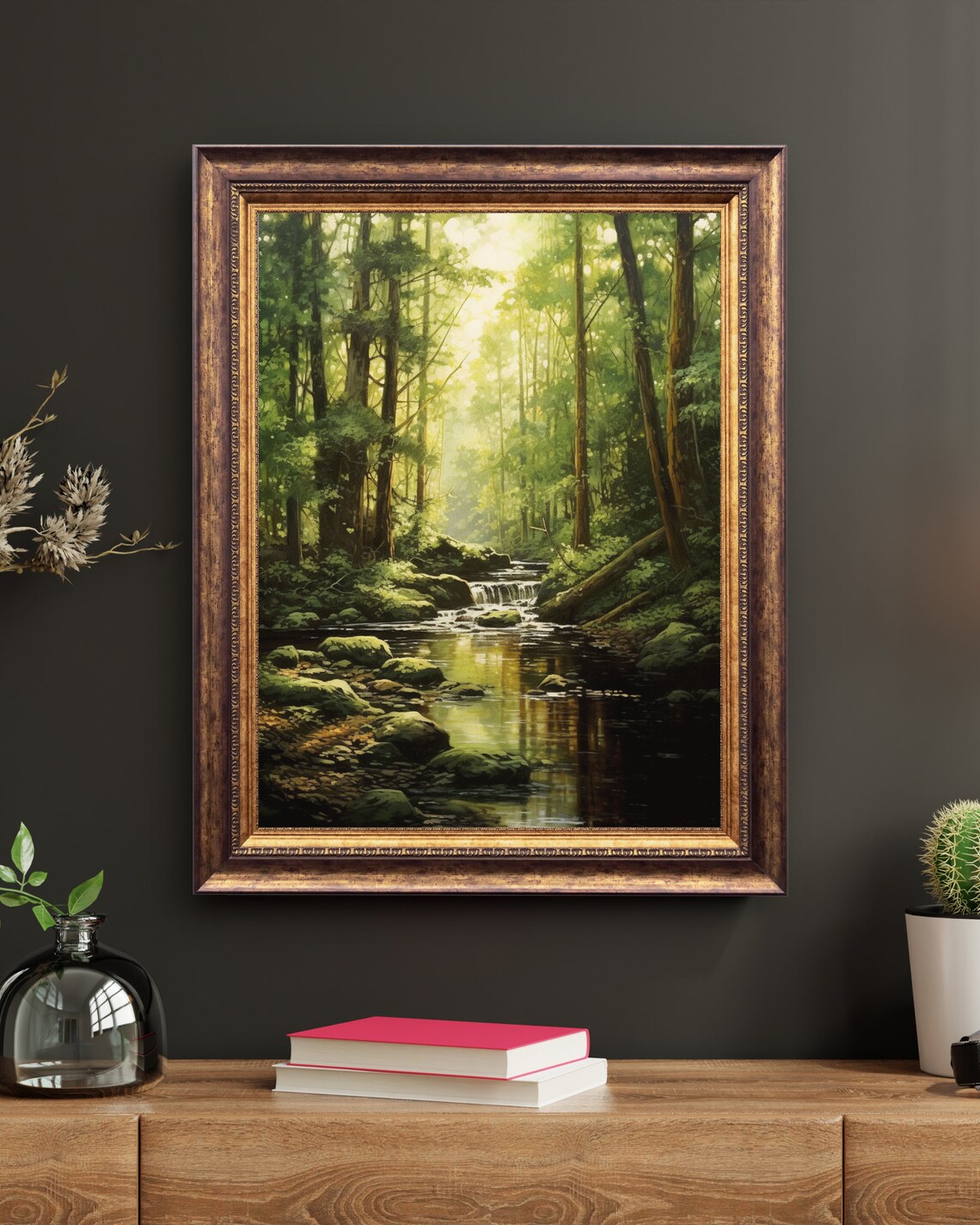 Green Forest Stream Art Print, Tranquil Nature Scene