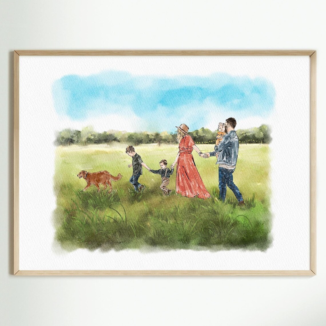 Family of Five with Dog in Sunny Meadow Custom Watercolor Poster